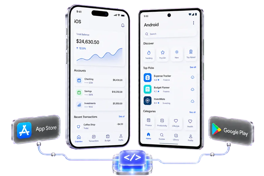 Distinct iPhone and Android app interfaces beside the App Store and Google Play badges