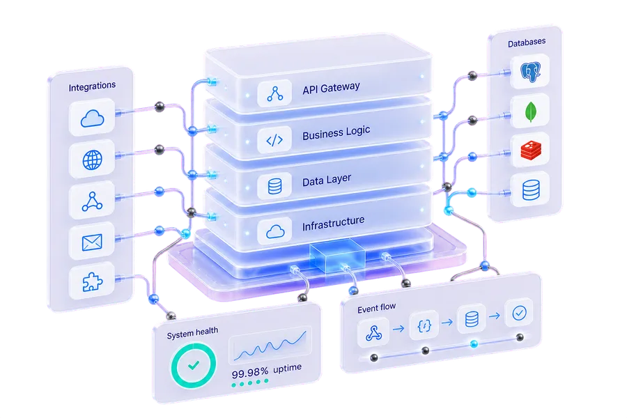 Layered software architecture connected to integrations, databases, and system monitoring