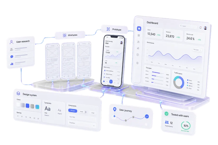 Design workflow from user research and wireframes to prototypes and a design system