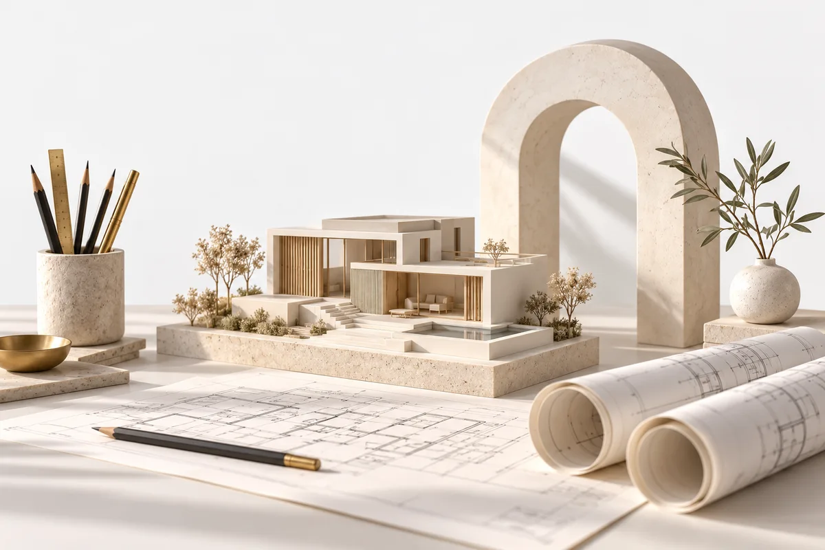 Konzeptillustration: Architekturmodell, Baupläne und Zeichenwerkzeuge auf einem Arbeitstisch.