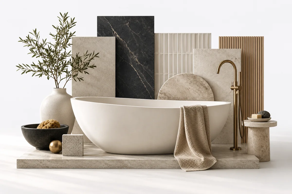 Konzeptillustration: freistehende Badewanne, Armatur und abgestimmte Materialmuster.