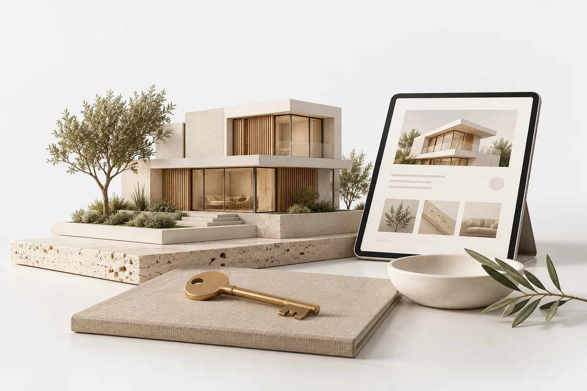 Konzeptillustration: Hausmodell, Schlüssel und digitales Immobilienexposé.