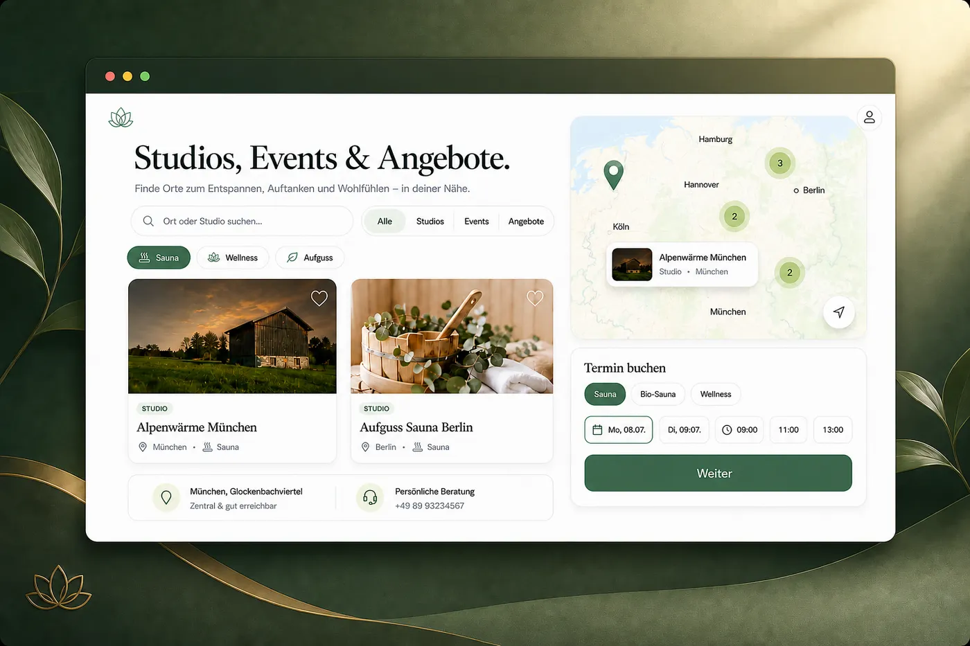 RelaxLand App, Übersicht von Wellness-Studios, Events und Angeboten in der Nähe
